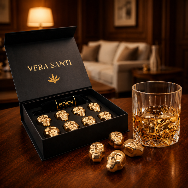 Piedras de Whisky Premium en Forma de Calavera Dorada (Set de 8)