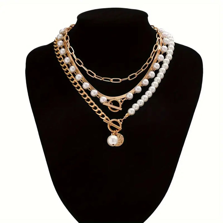 Vintage Pearl &amp; Gold Snake Chain Necklace Set | Gold