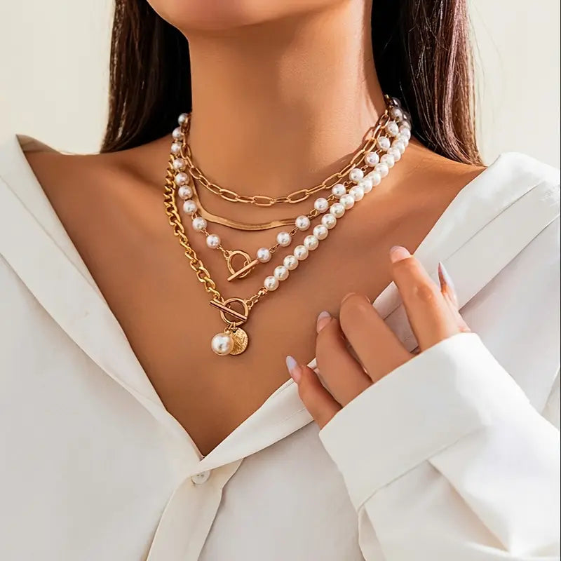 Vintage Pearl &amp; Gold Snake Chain Necklace Set | Gold