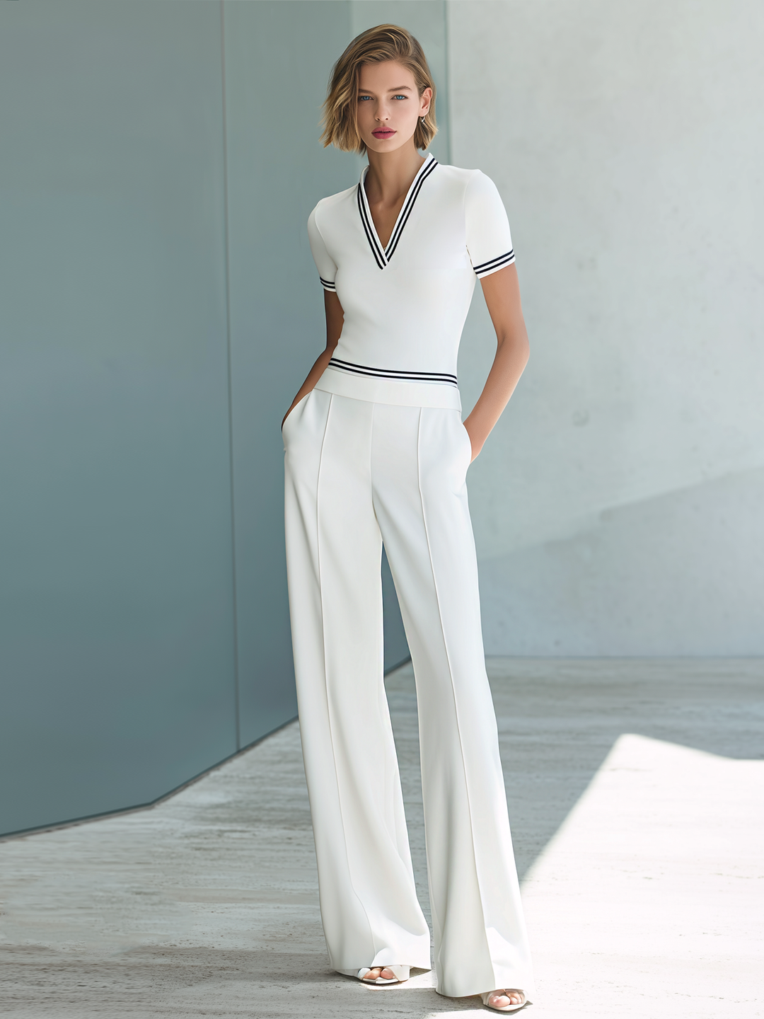 Stylish White V-Neck Top And Pants Set With Contrast Striped Trim