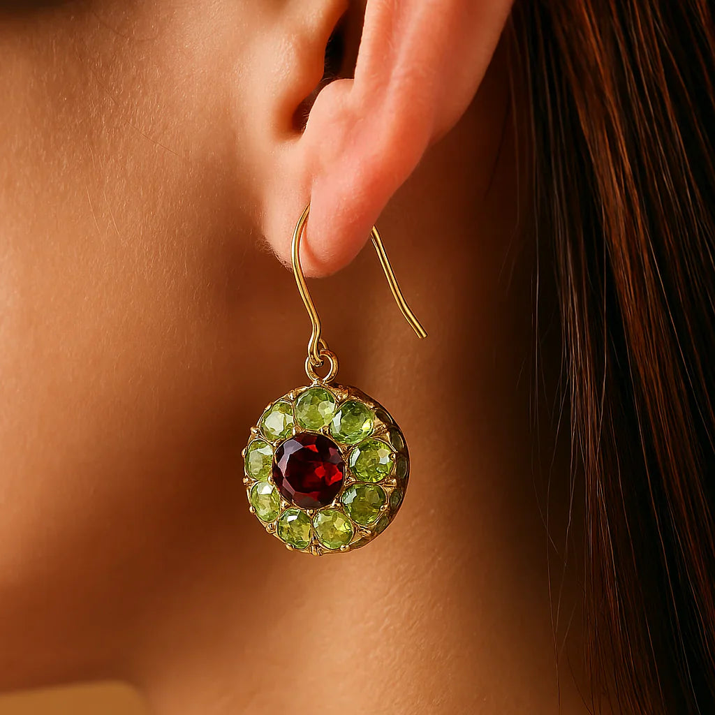 Pendientes Retro Redondos de Cristal en Verde y Rojo