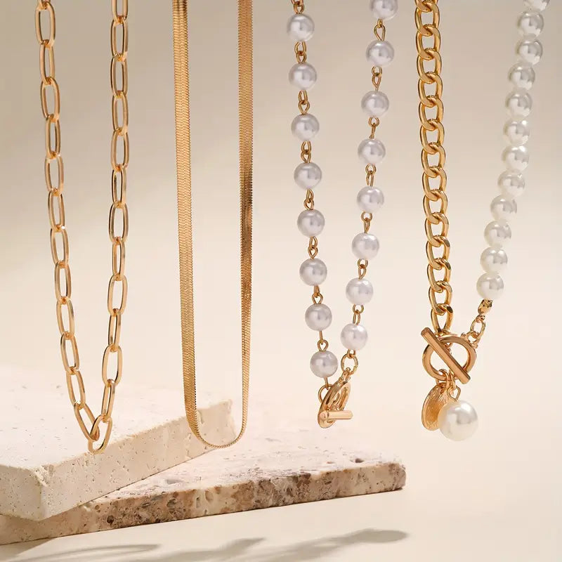 Vintage Pearl &amp; Gold Snake Chain Necklace Set | Gold