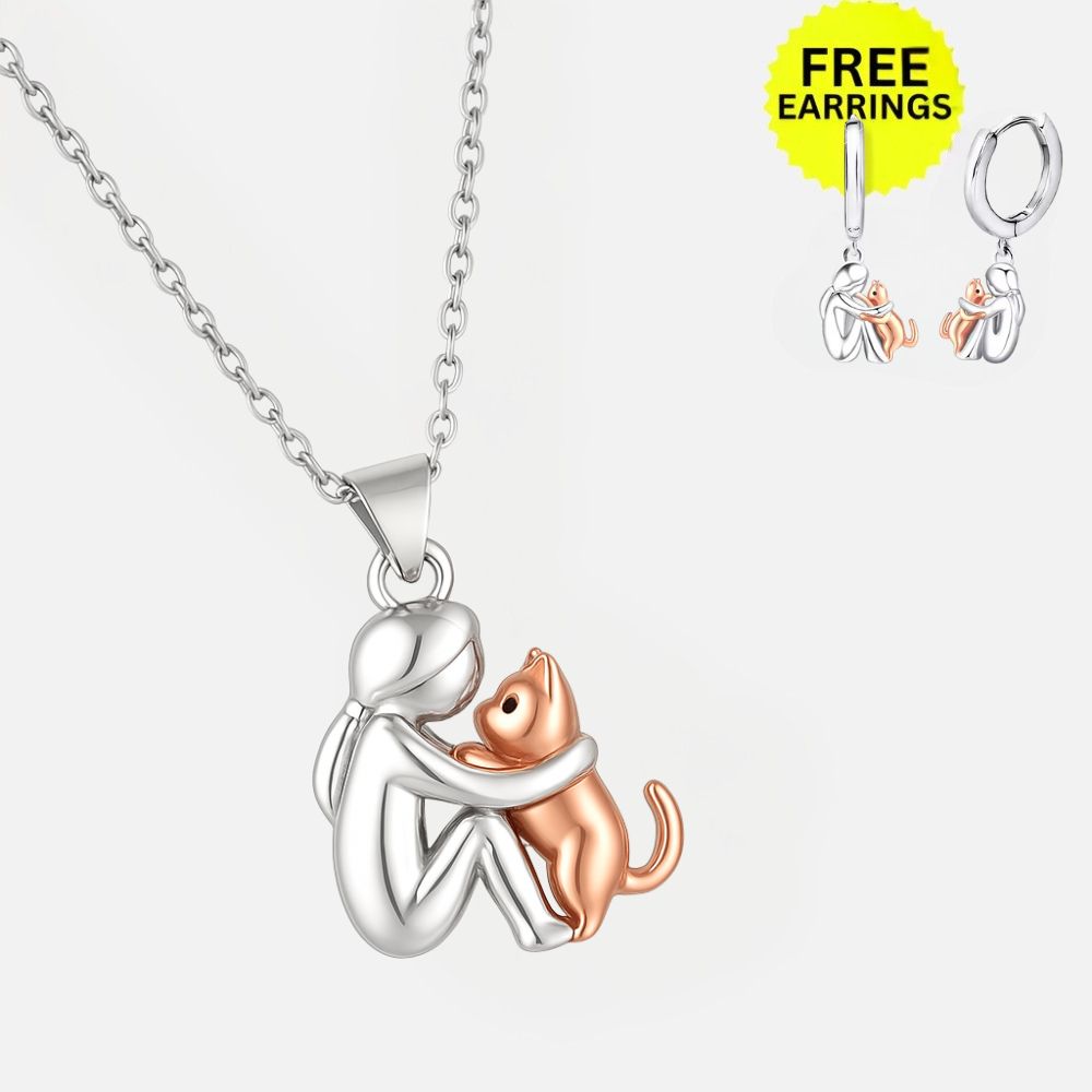 Cat Hug Pendant Necklace and Gift Earrings – Limited Time Offer