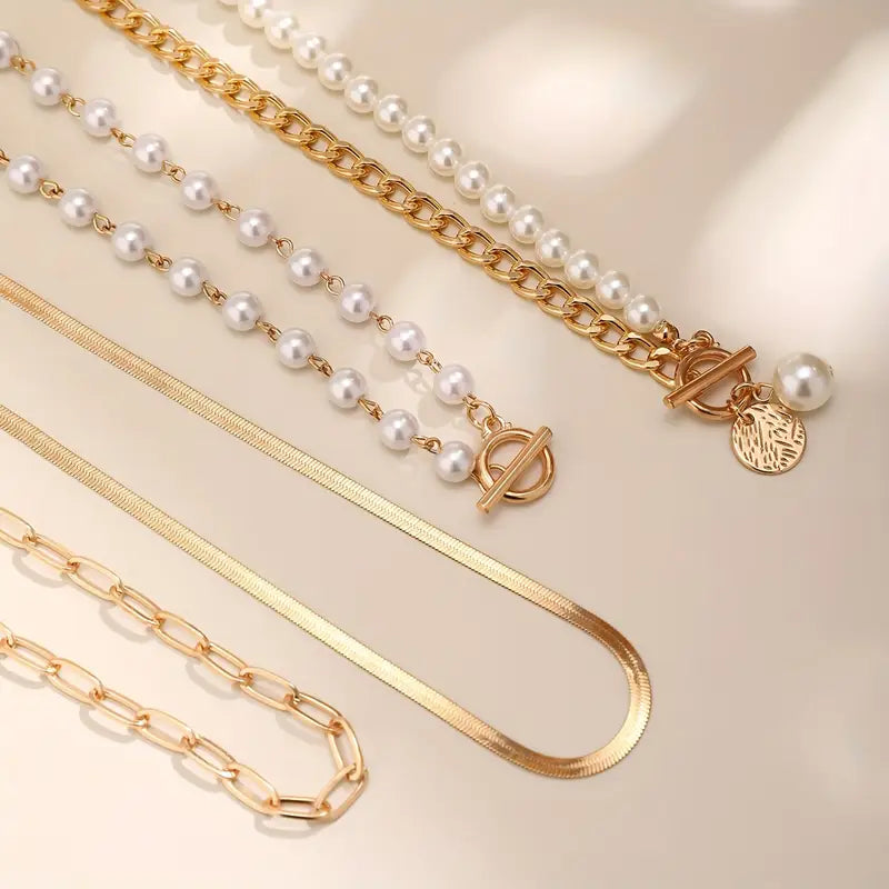 Vintage Pearl &amp; Gold Snake Chain Necklace Set | Gold