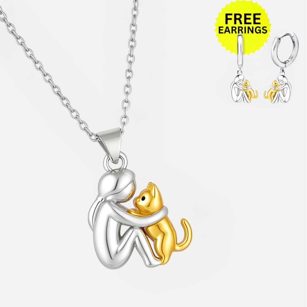Cat Hug Pendant Necklace and Gift Earrings – Limited Time Offer