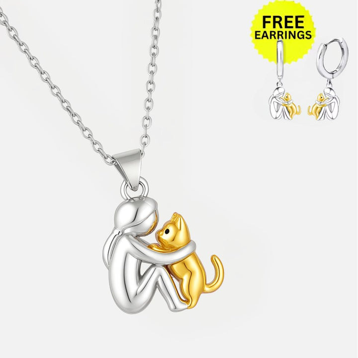 Cat Hug Pendant Necklace and Gift Earrings – Limited Time Offer