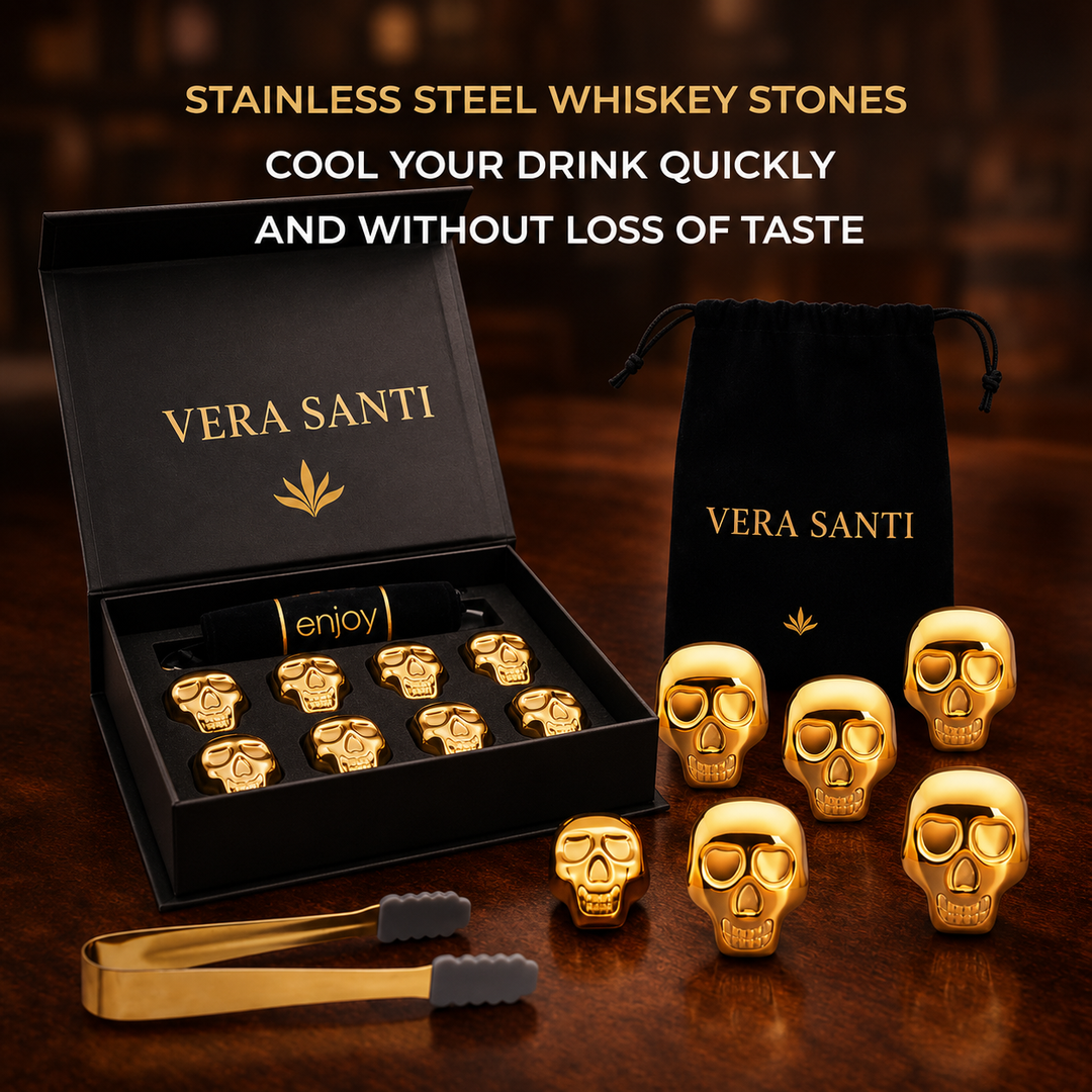 Piedras de Whisky Premium en Forma de Calavera Dorada (Set de 8)