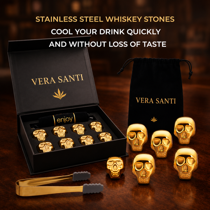 Piedras de Whisky Premium en Forma de Calavera Dorada (Set de 8)