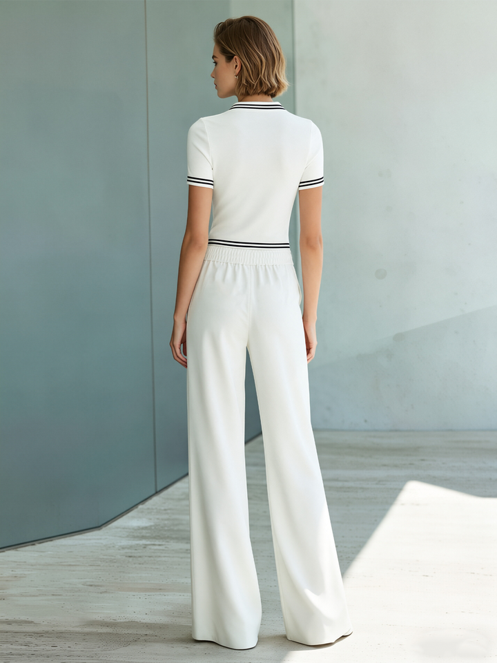 Stylish White V-Neck Top And Pants Set With Contrast Striped Trim