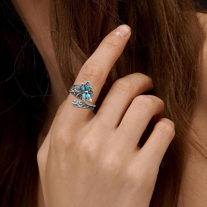 Adjustable Silver Ring with Turquoise and Dragonfly