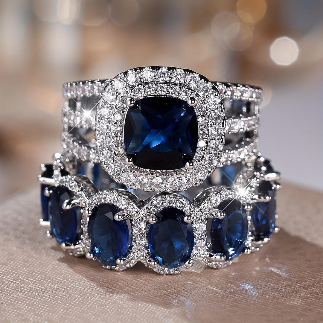 Stackable Ring Set with Sapphire Halo