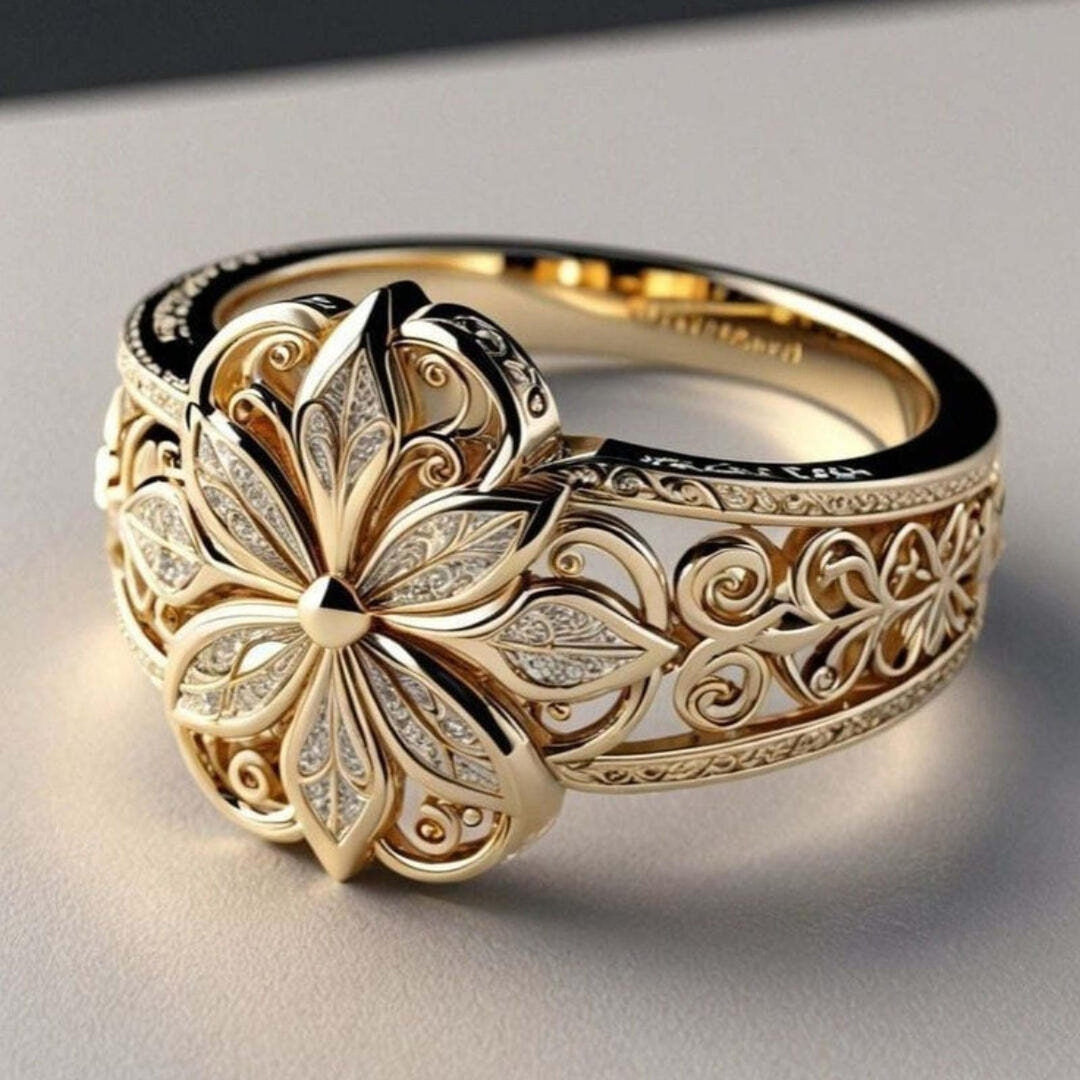 Gold Ring with Zirconias in Exotic Floral Design
