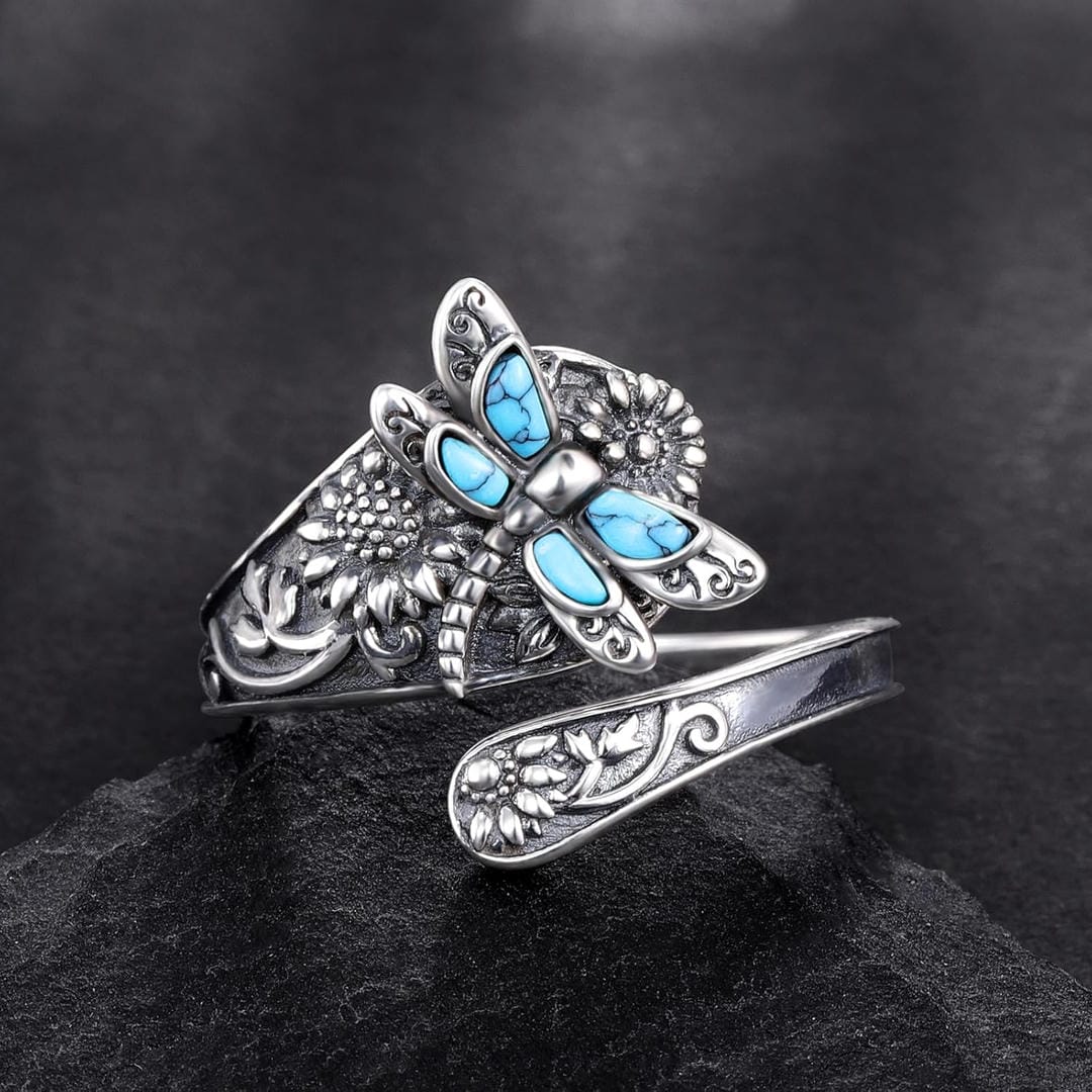 Adjustable Silver Ring with Turquoise and Dragonfly