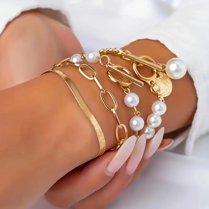 Chic Gold 4-Piece Bracelet Set - Snake, Pearls &amp; Links | Gold