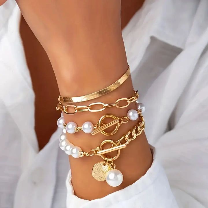 Chic Gold 4-Piece Bracelet Set - Snake, Pearls &amp; Links | Gold