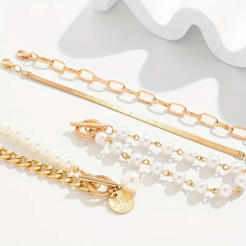 Chic Gold 4-Piece Bracelet Set - Snake, Pearls &amp; Links | Gold