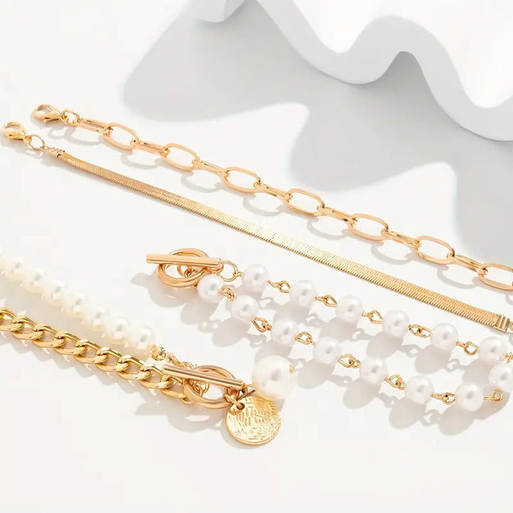 Chic Gold 4-Piece Bracelet Set - Snake, Pearls &amp; Links | Gold
