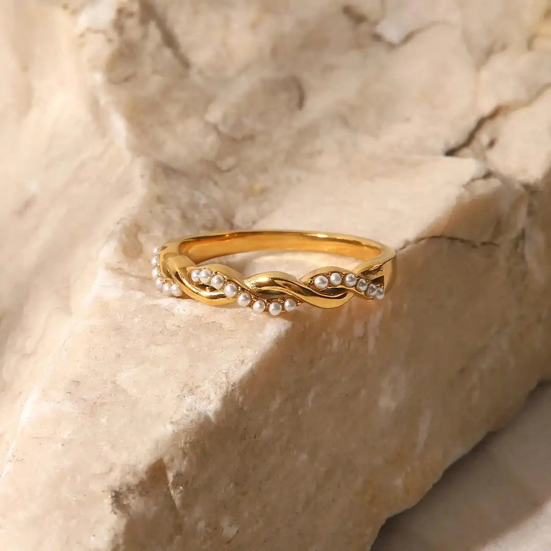Twisted Pearl Stacking Ring in Fine Gold
