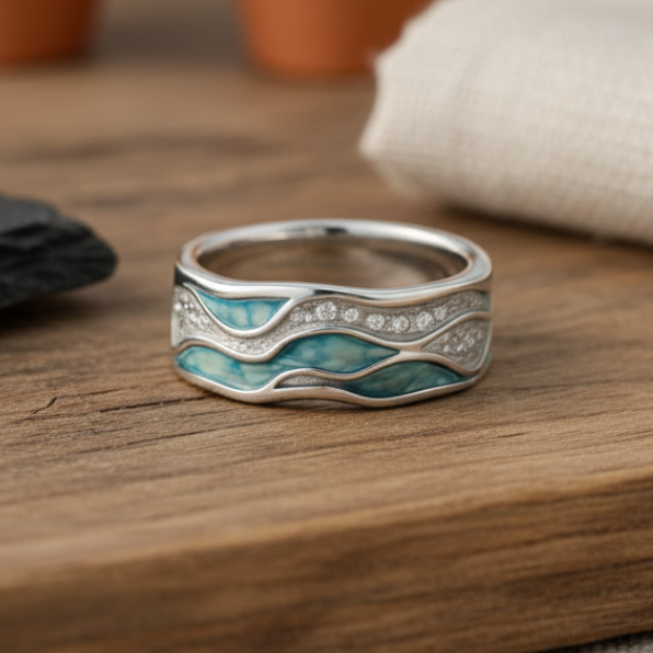 Anillo de Olas de Plata Turquesa Elegante