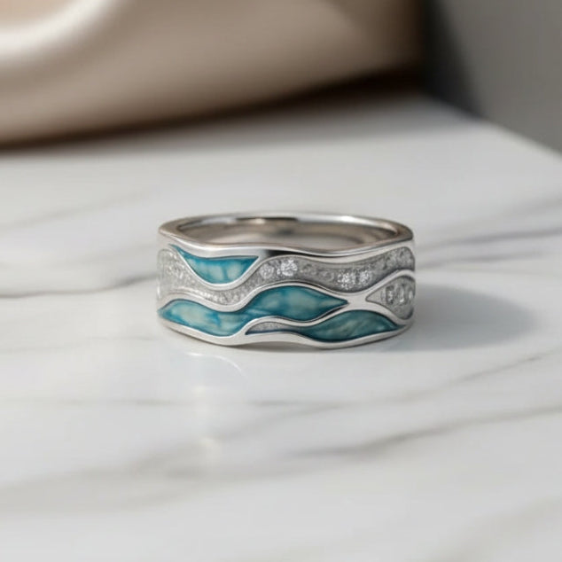Anillo de Olas de Plata Turquesa Elegante