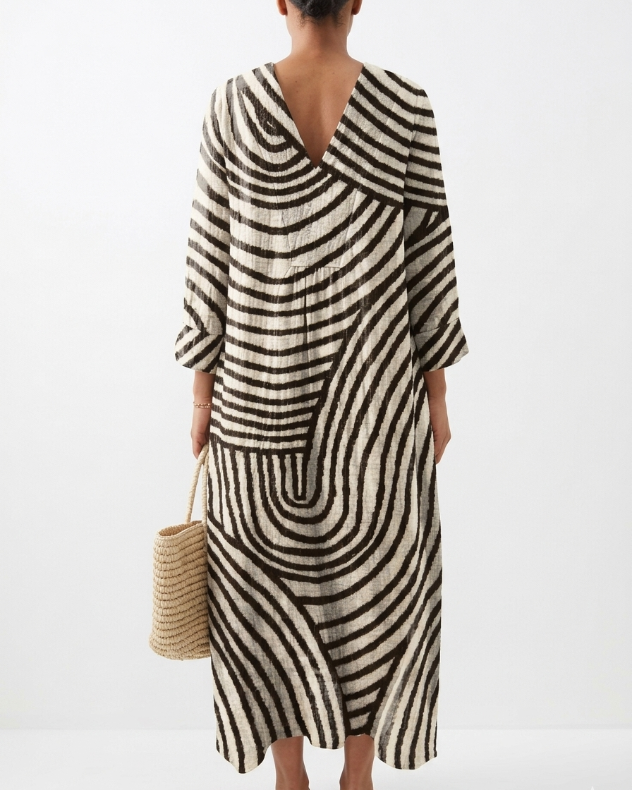Vestido Maxi Kaftán de Rayas Abstractas Geométricas con Escote en V