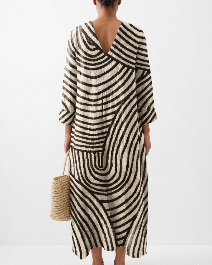 Vestido Maxi Kaftán de Rayas Abstractas Geométricas con Escote en V