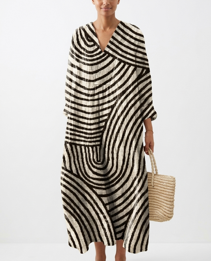 Vestido Maxi Kaftán de Rayas Abstractas Geométricas con Escote en V