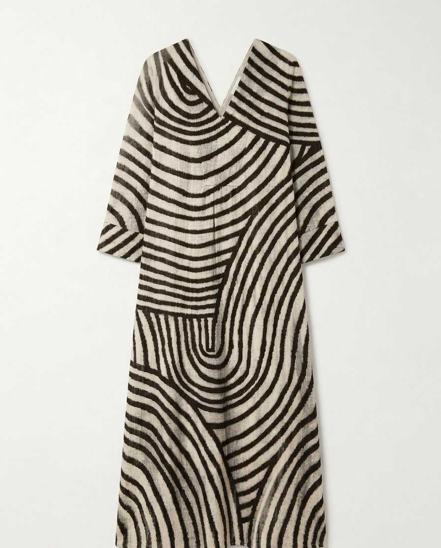 Vestido Maxi Kaftán de Rayas Abstractas Geométricas con Escote en V