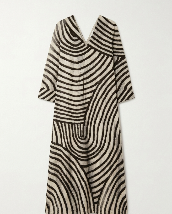Vestido Maxi Kaftán de Rayas Abstractas Geométricas con Escote en V