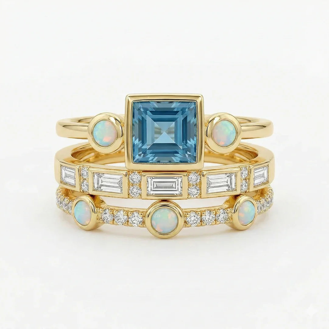 Conjunto de Anillos de Cristal Azul Vintage