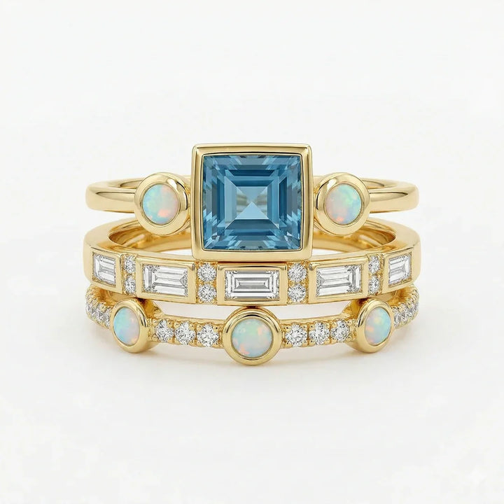 Conjunto de Anillos de Cristal Azul Vintage