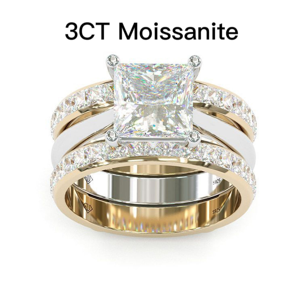 Jzora handmade princess cut Moissanite two tone sterling silver anniversary ring wedding ring bridal set