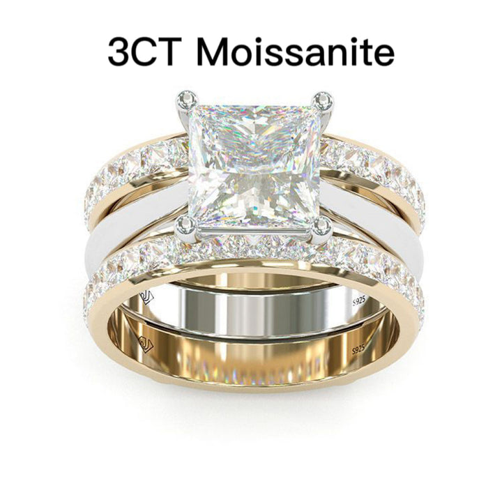 Jzora handmade princess cut Moissanite two tone sterling silver anniversary ring wedding ring bridal set
