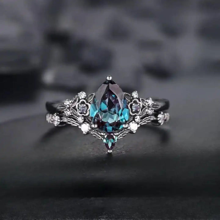 Conjunto de Anillos de Circón Zafiro Negro Mate