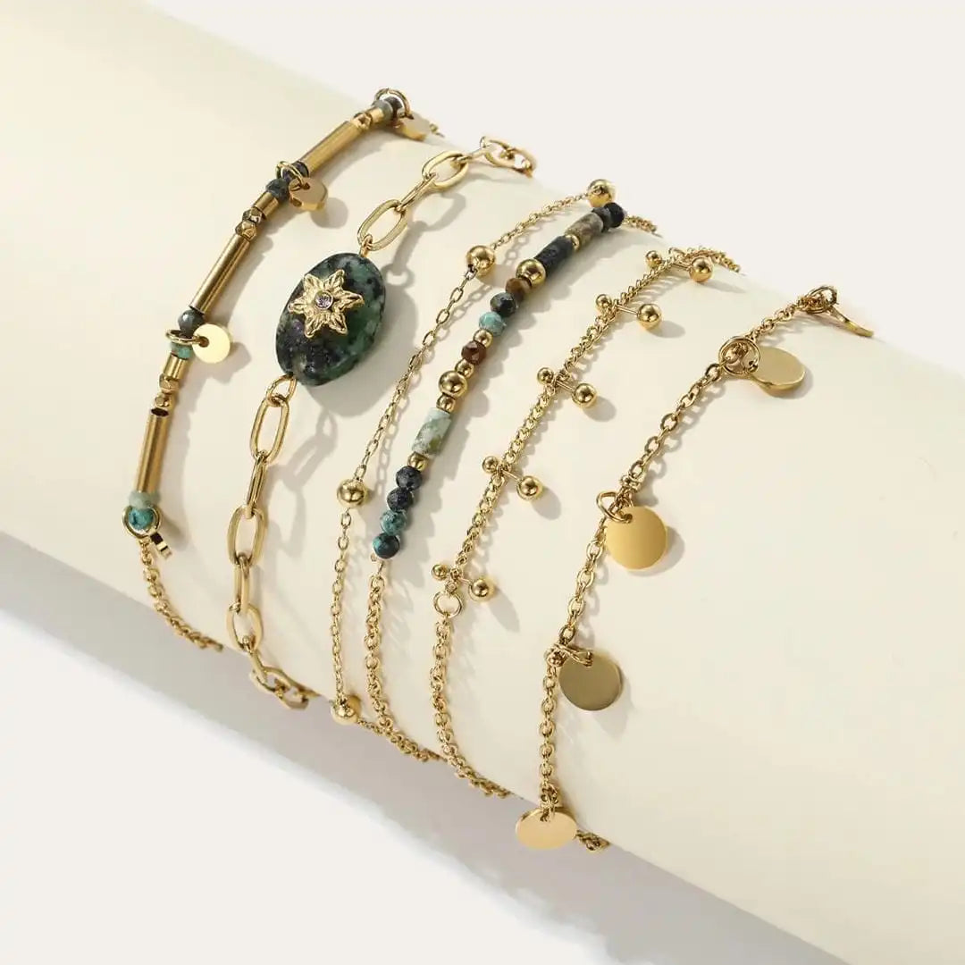 Conjunto de Pulseras de Turquesa Volcánica Dorada