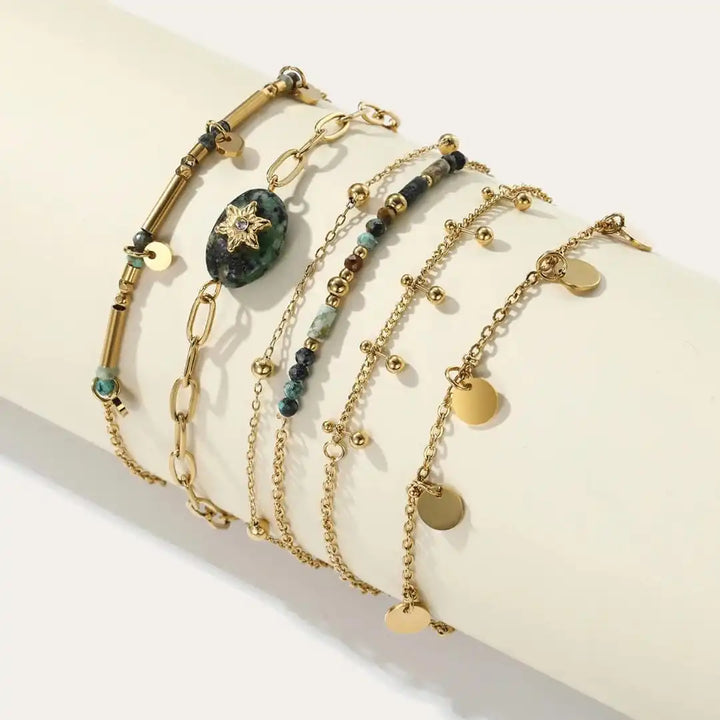 Conjunto de Pulseras de Turquesa Volcánica Dorada