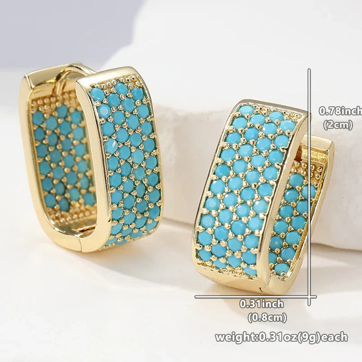 Gold Huggie Earrings with Turquoise Pavé