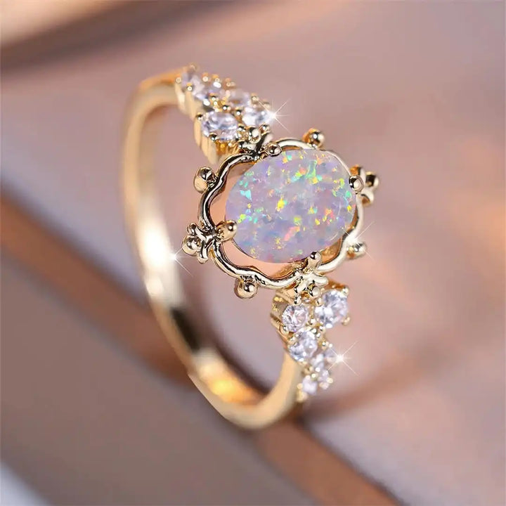 Oval White Opal Flower Ring