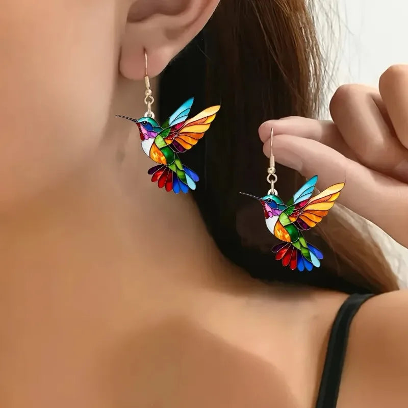 Hummingbird Acrylic Dangle Earrings – Bright 2D Bird Design
