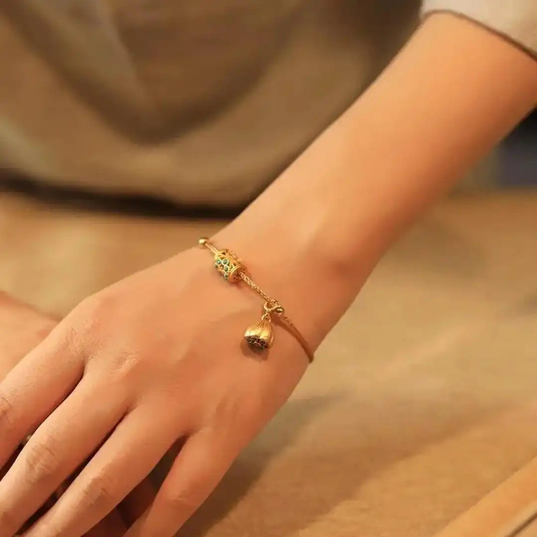 Turquoise Lotus Bracelet in Antique Gold