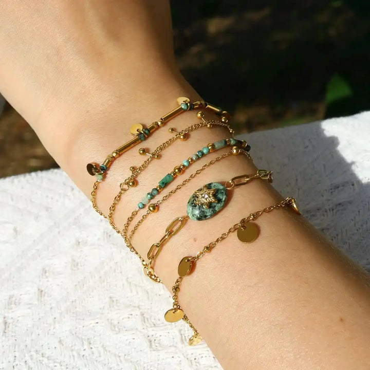 Conjunto de Pulseras de Turquesa Volcánica Dorada