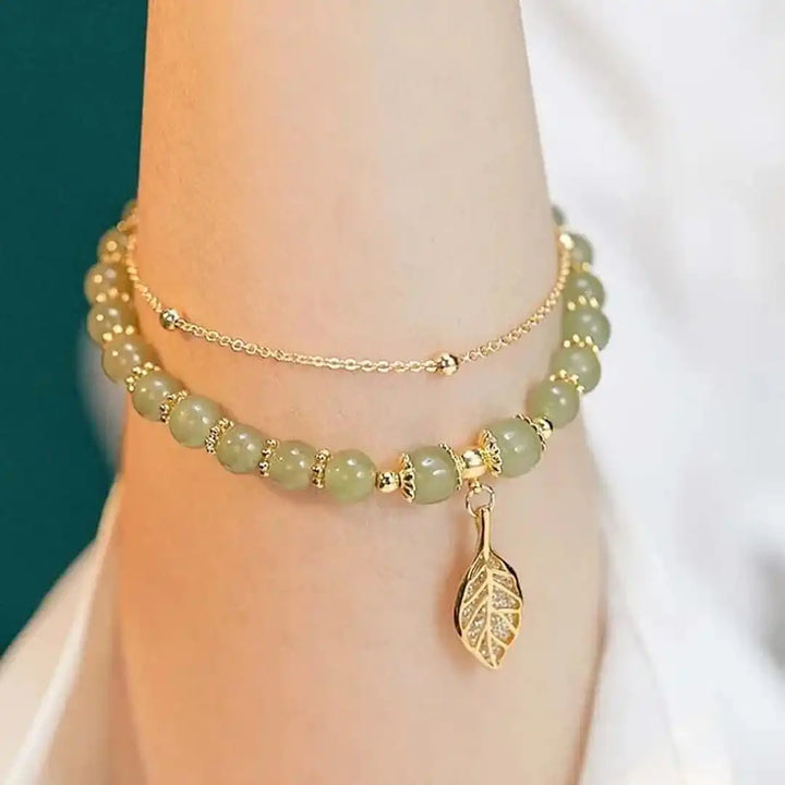 Exquisita Pulsera de Jade Verde Dorado