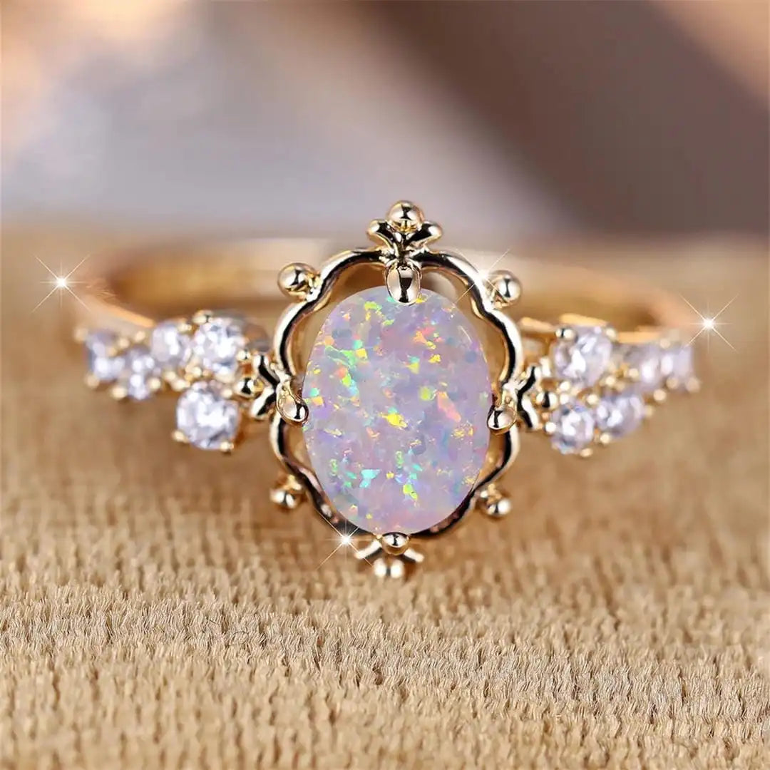 Oval White Opal Flower Ring