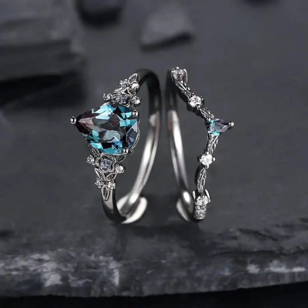 Conjunto de Anillos de Circón Zafiro Negro Mate
