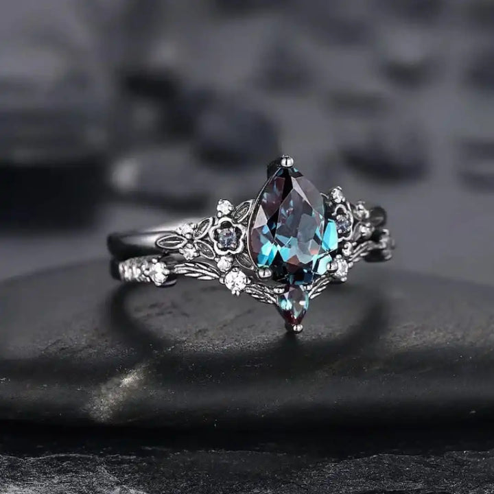 Conjunto de Anillos de Circón Zafiro Negro Mate