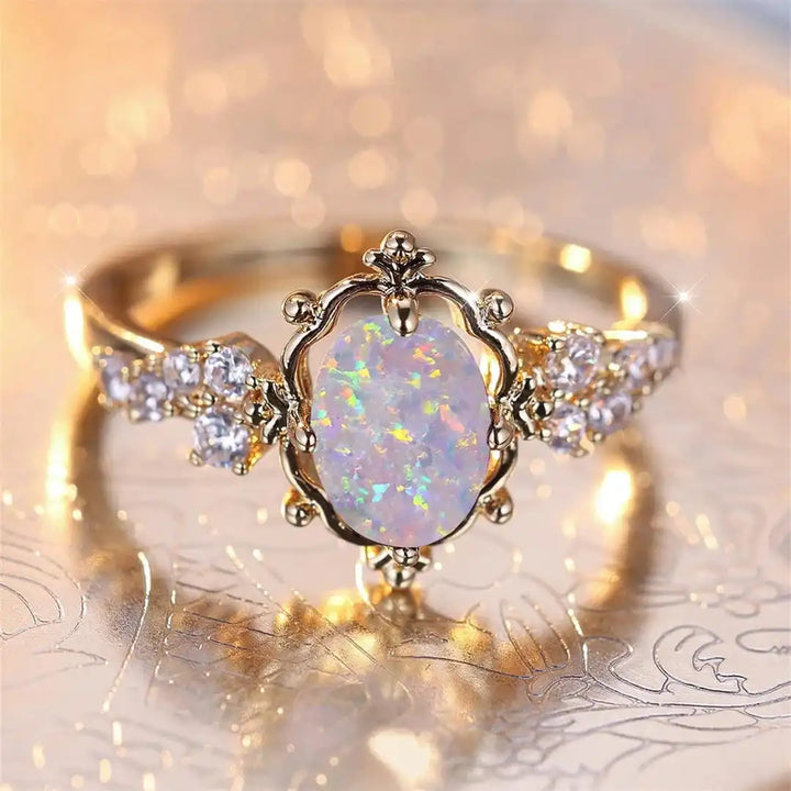 Anillo de Flor de Piedra Ópalo Blanco Ovalado