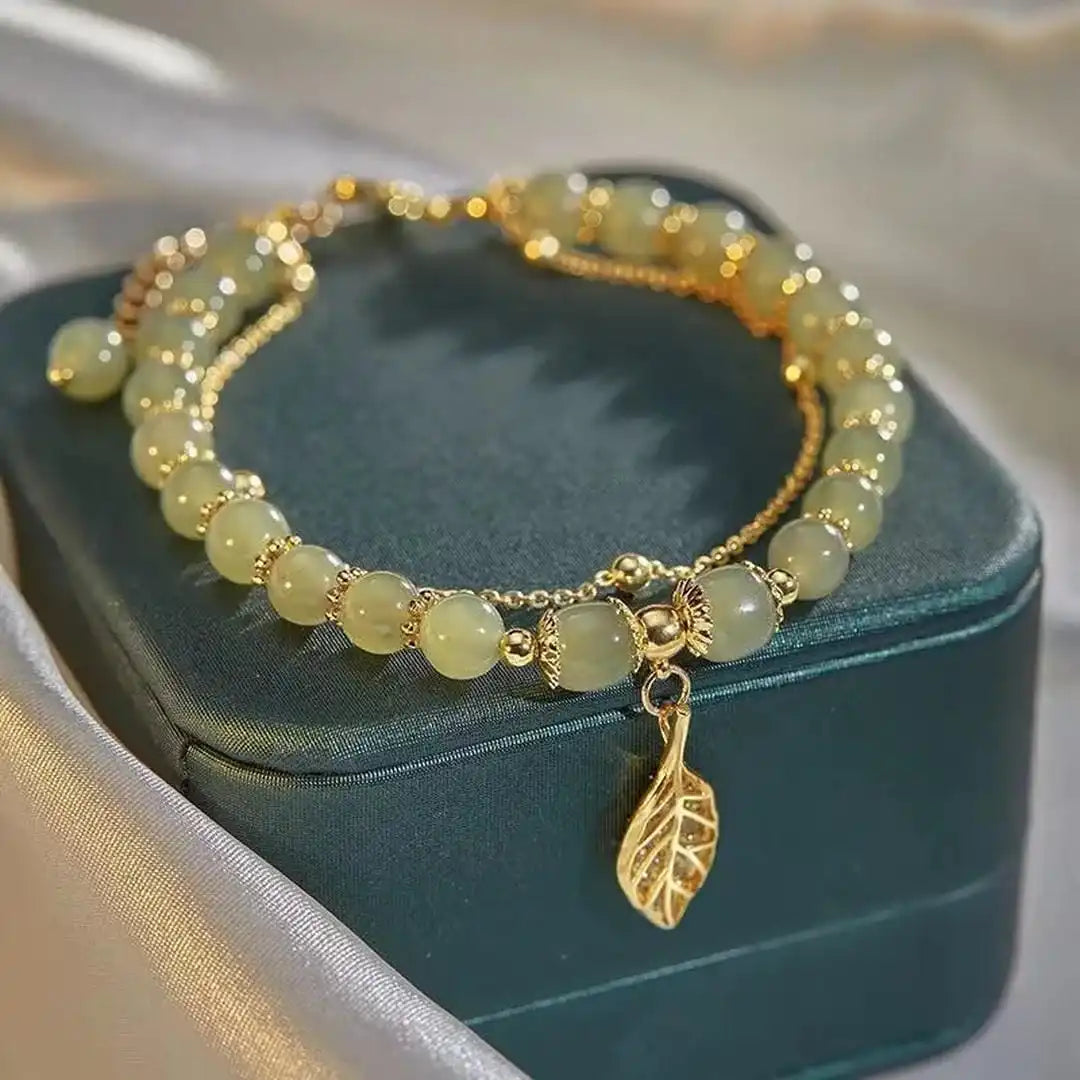 Exquisita Pulsera de Jade Verde Dorado