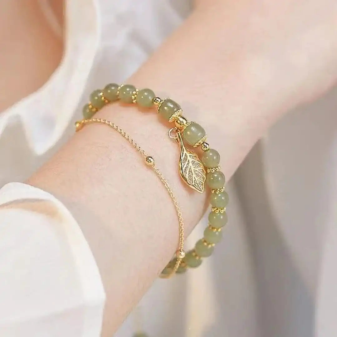 Exquisita Pulsera de Jade Verde Dorado