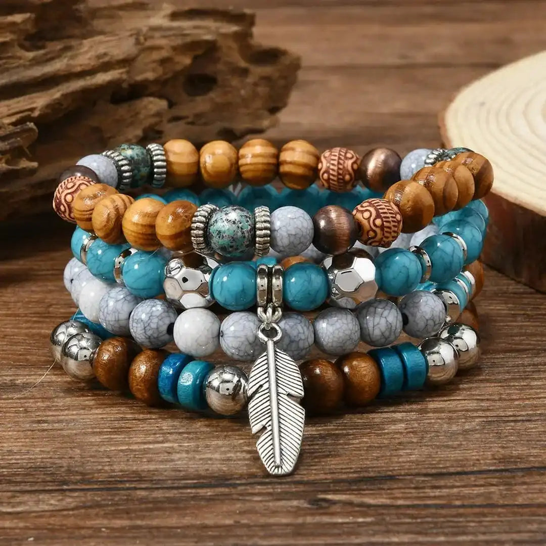 Pulsera de Plumas con Cuentas Turquesa Bohemia