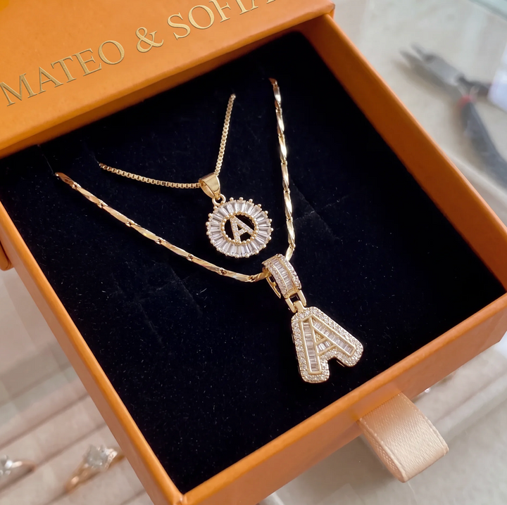 Pave letter initial necklace set | Gold